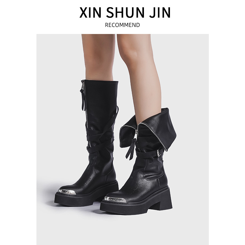 Pointed metal head high fashion boots High boots women's spring new front zipper platform elevation knight boots