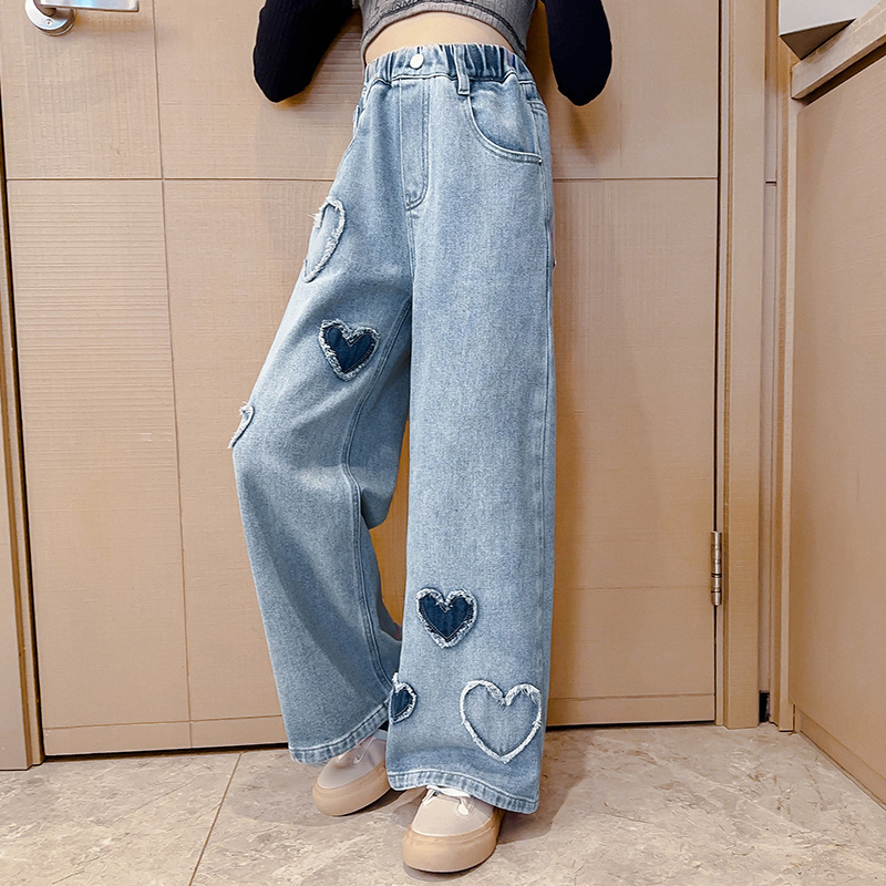 Young Girls Clothing new models for middle and large children's stylish love wide leg pants loose trousers