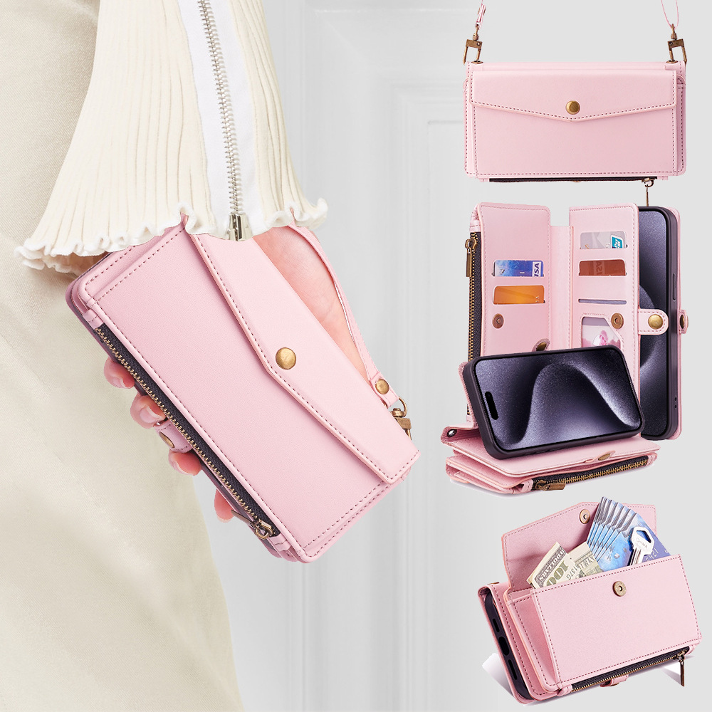 Applicable to iPhone Crossbody Shoulder Strap Leather Case 16 Pro Multifunctional Mobile Phone Case 14 Insert Card 15 Wallet Mobile Phone Case