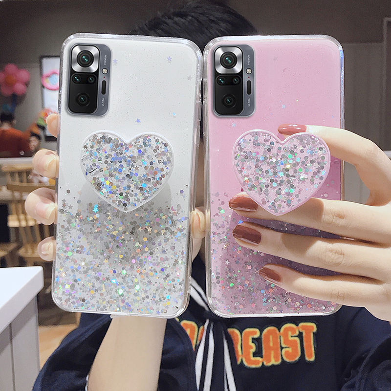 Glitter Stars Heart Fold Holder Phone Case For Xiaomi redmi 10A 9C 9T Soft Silicone Stand cover on Redmi 9t redmi9c 8 7