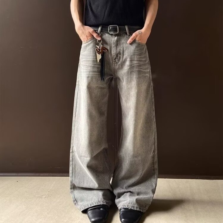 Y2K Vintage Washed Distressed High Street Cleanfit Jeans für Herren – Entspannte, gerade Jeanshose mit weitem Bein, Baggy-Passform und langer Länge (Grau, S-XXXL)