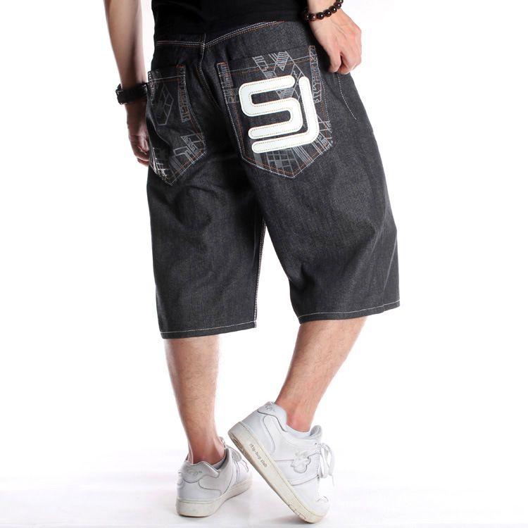 Man's clothing Hip hop denim shorts men's loose printed capri pants Trend plus fat plus size skateboard medium pants