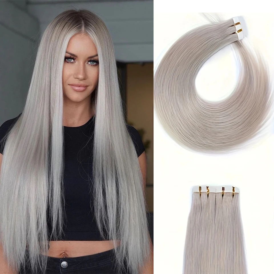 Silver Gray Tape Extensions Remy Human Hair Seamless Skin Weft