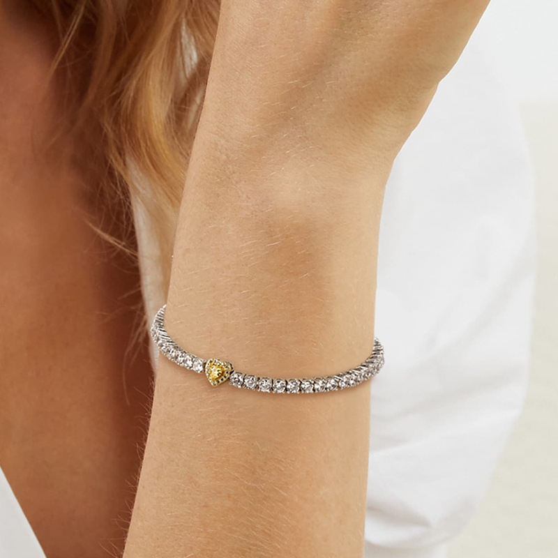 Women's Jewelry Cubic Zirconia Tennis Bracelet With Heart Charm, Gold Tone Adjustable Lobster Clasp, Elegant Light Luxury Gift For Her Heart
