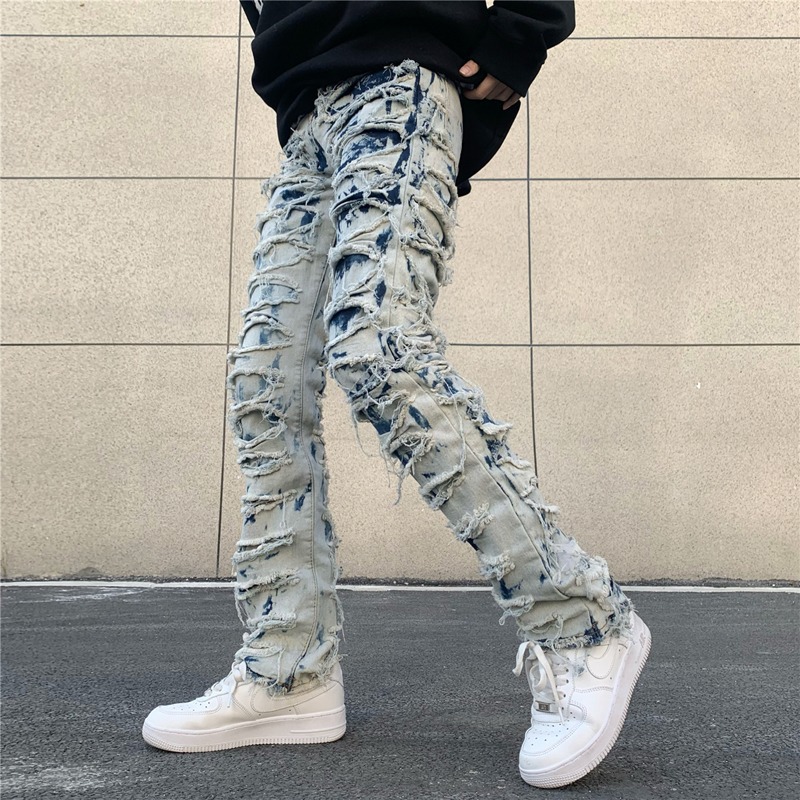 European and American foreign trade heavyweight street ripped jeans men's American high street ripped straight slim pants foreign trade list