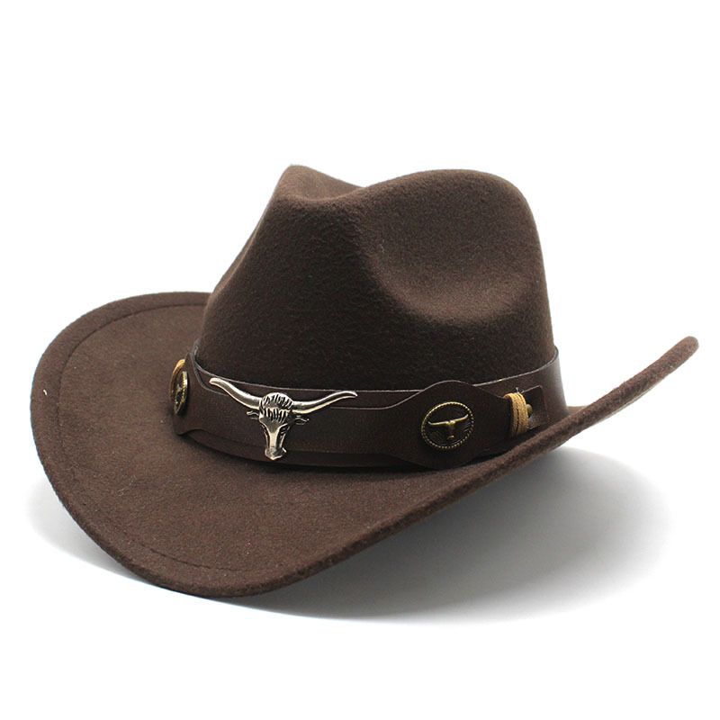 New Top Hat Ethnic Style Bull Logo Western Cowboy Top Hat Roll Brim Retro Horse Riding Hat Woolen Felt Hat Fashionable Temperament