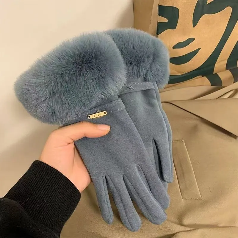 Neue Damen-Handschuhe aus warmem und dickem Samt mit offenem Finger und Touchscreen, winddicht, zum Reiten und aus Samt, Outdoor-Handschuhe mit Pelzmund