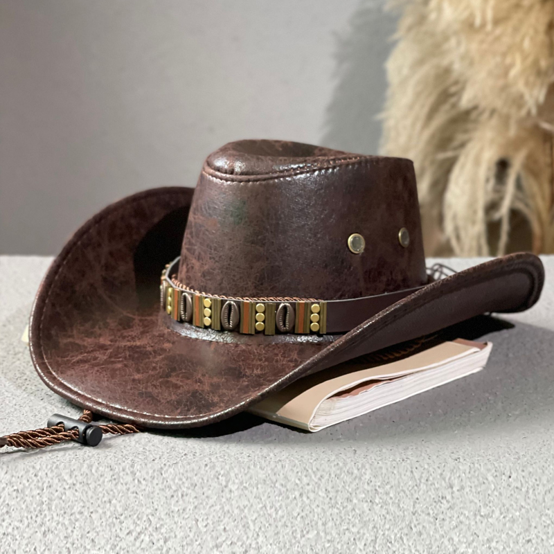 Unisex Bull belt studded jazz hat Men's and women's outdoor outing visor Large brim western cowboy hat