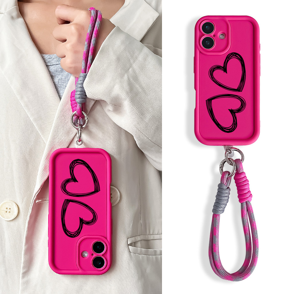 Wrist Chain Lanyard Phone Case For IPhone 16 Pro Max Cases IPhone 16 Plus Love Heart Soft Silicone Hang Strap Cover