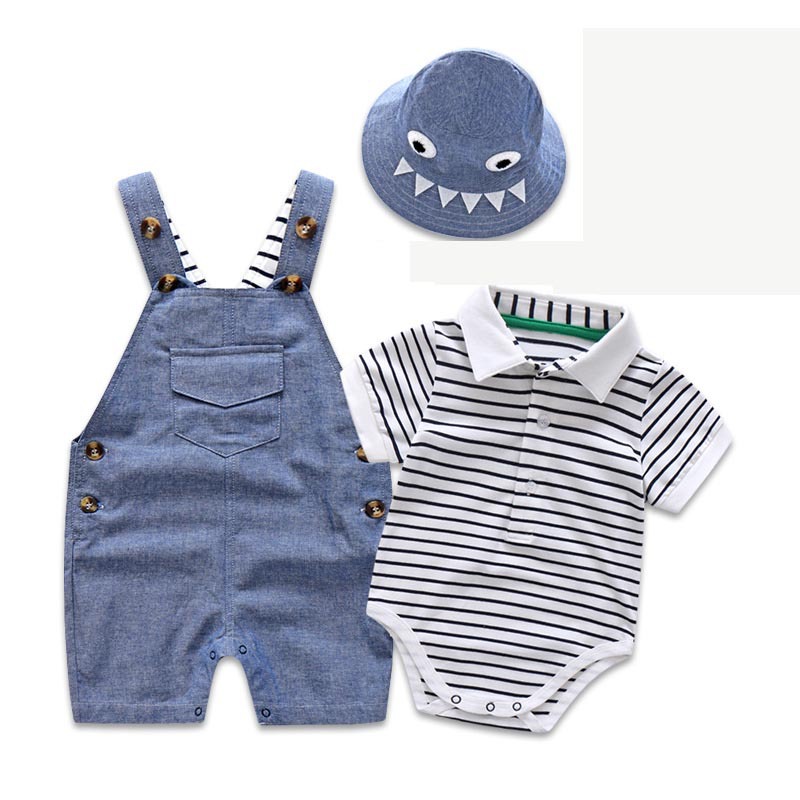 Baby clothes Baby boys baby overalls suit Summer shark stripes toddler three-piece suit