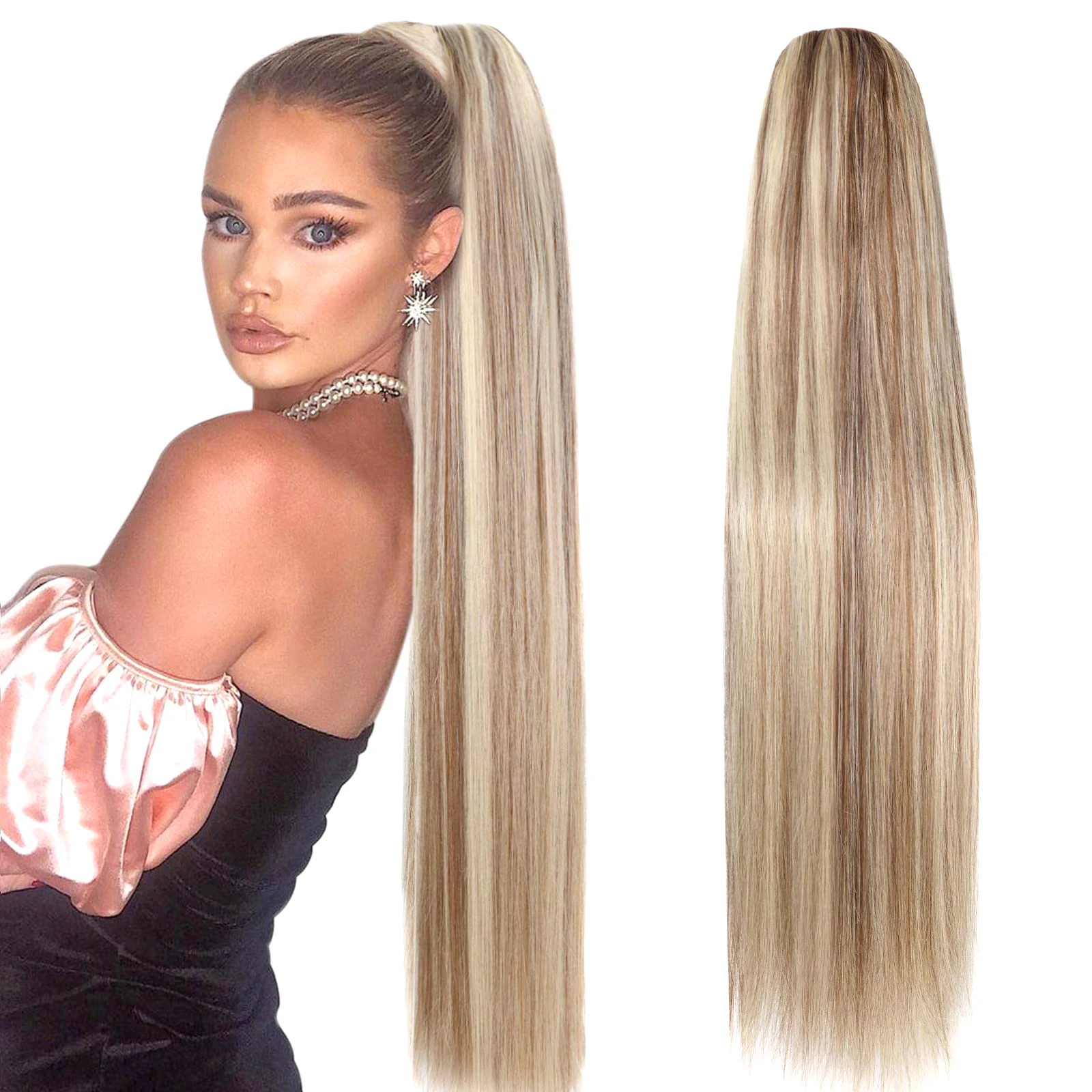 26inch Straight Drawstring Ponytail Human Hair Extensions Long Clip ins P8/613 Color Clip In Ponytail For Women