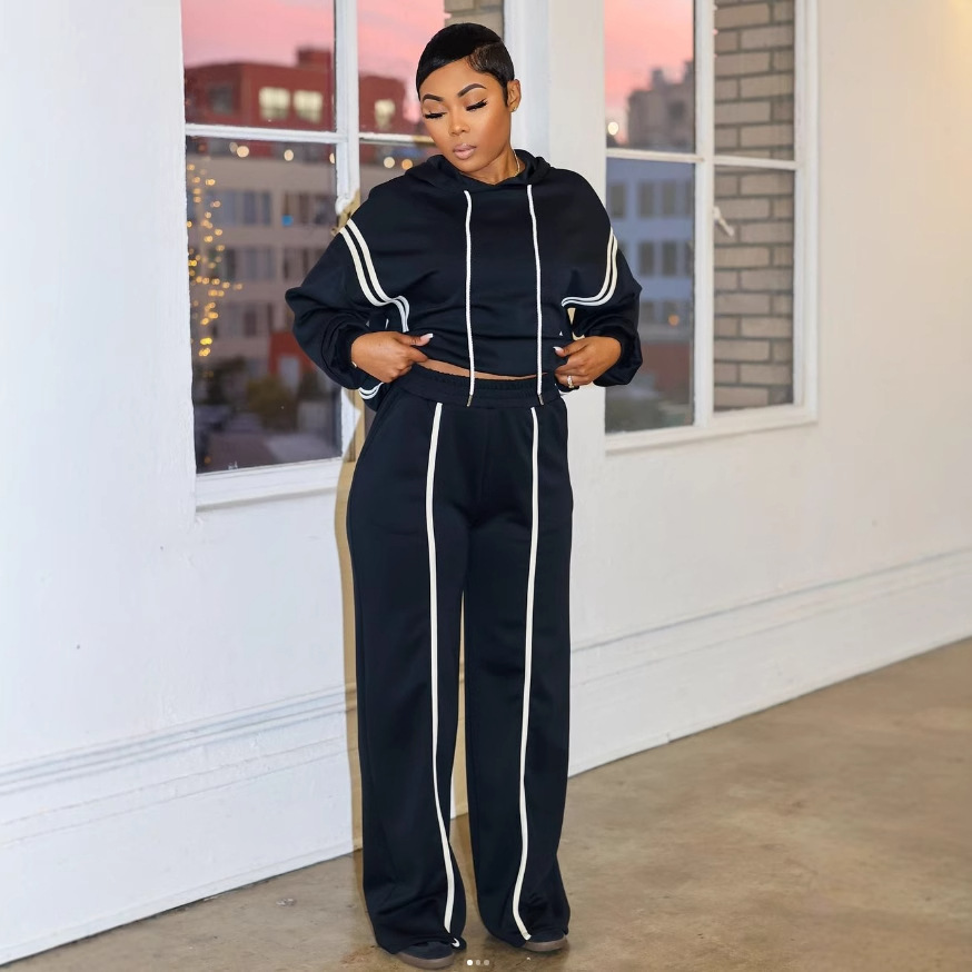 Women's Clothing Ribbon Stitching Hooded Sweatshirt Two piece Set