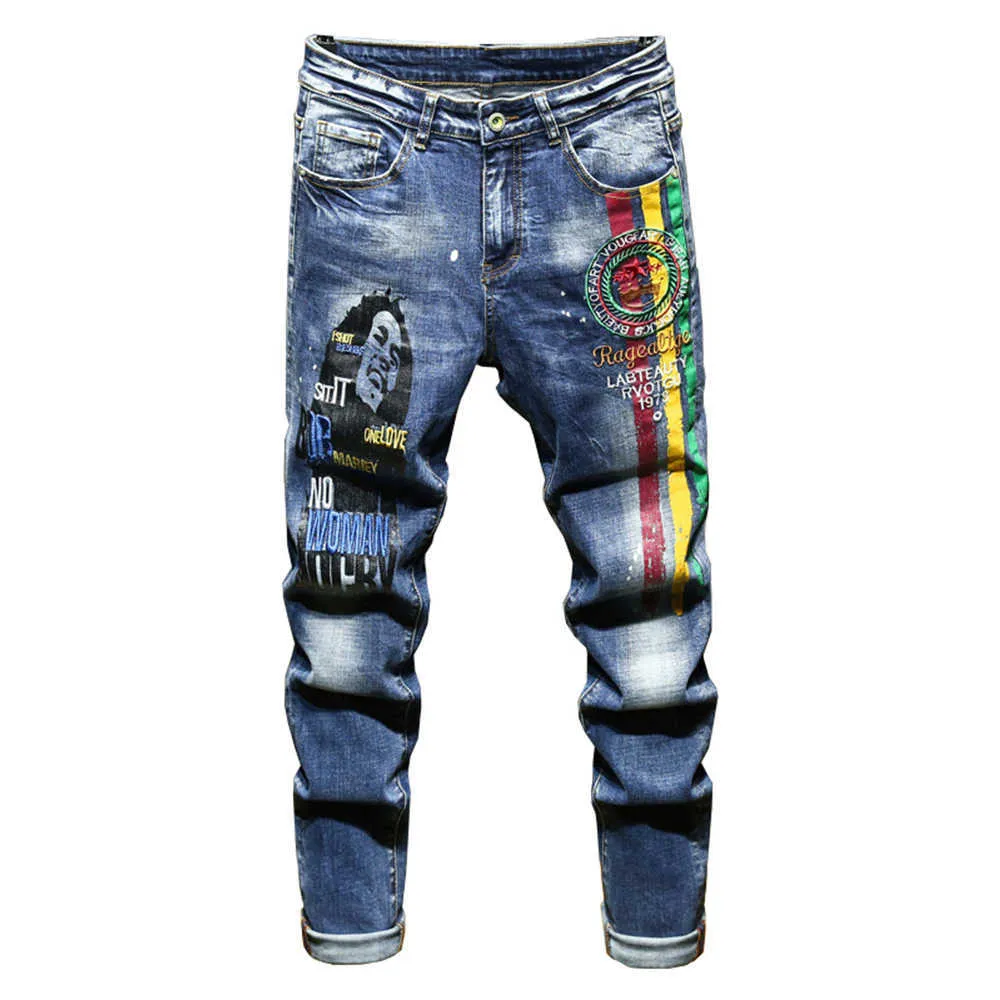 Men's Letters Embroidery Painted Stretch Denim Jeans Streetwear Trendy Slim Straight Pants Trousers T221102