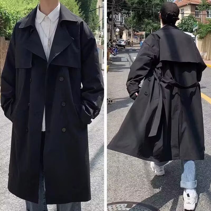 Langer Trenchcoat für Herren, lässig, lockere Passform, Unisex-Jacke mit Gürtel, zweireihiger Mantel in Schwarz und Khaki