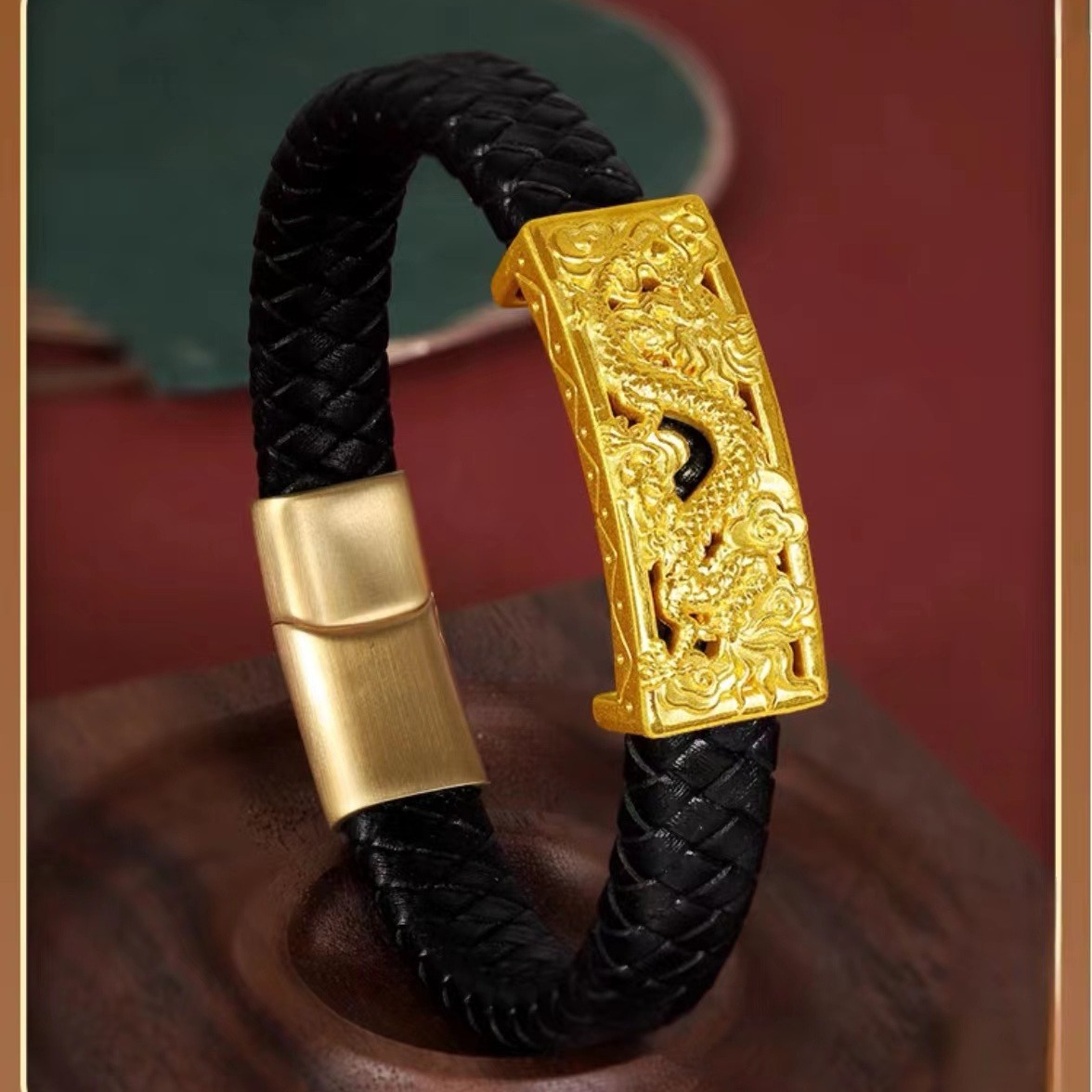 Zodiac dragon leather rope bracelet sand gold men's and women's leather rope strap bracelet yellow gold Chinese Dragon Bracelet live delivery