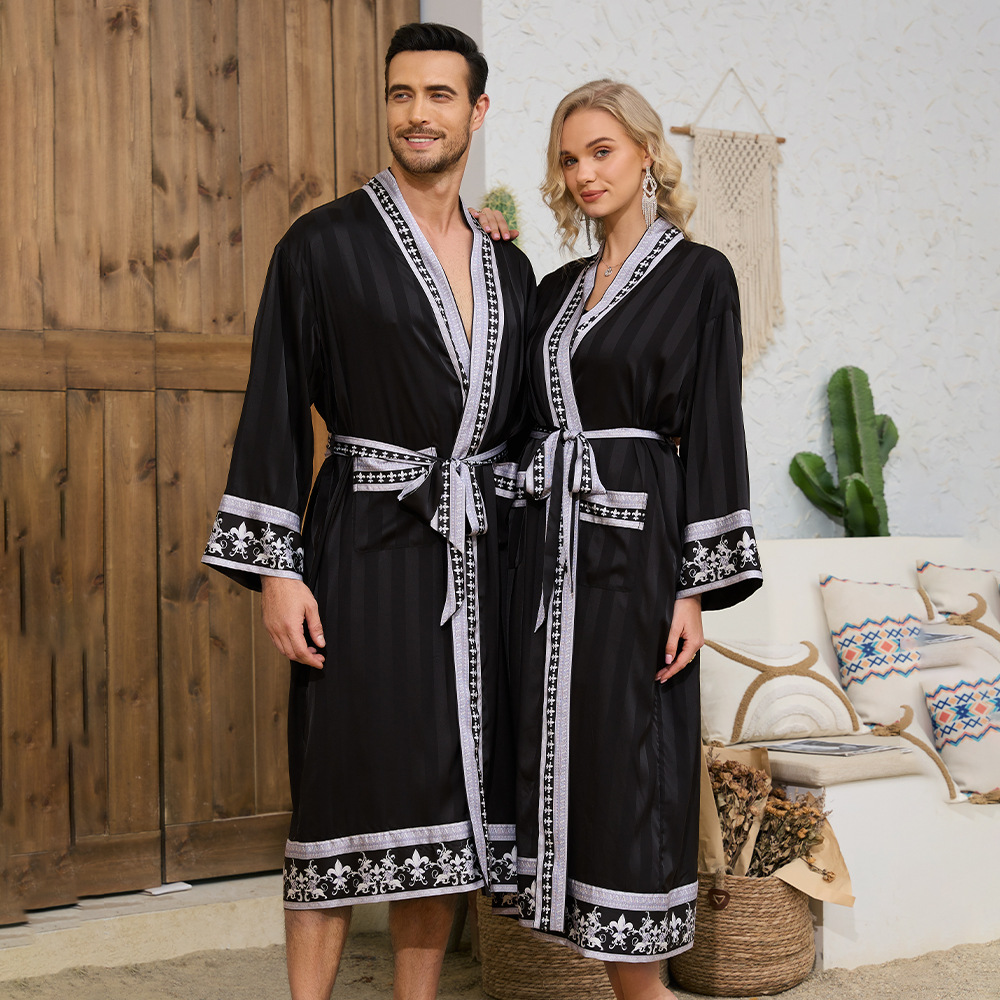 Baroque-Inspired Luxury Couple's Robe Set – Long Sleeve Satin Bathrobe With Elegant Embroidery – Matching Loungewear For Him & Her​