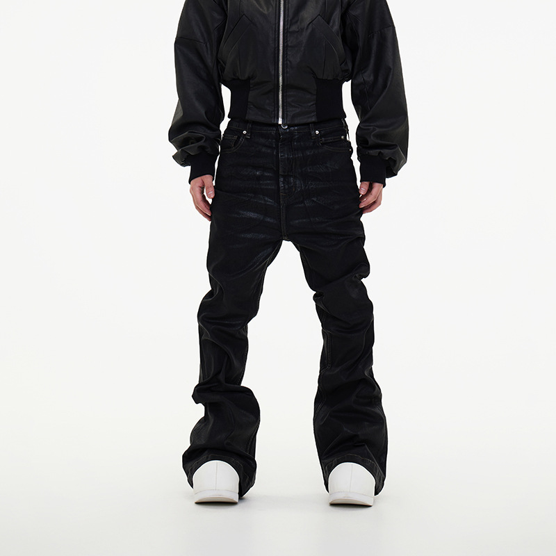 Men's Clothing new niche dark wax coating ribbon slightly elastic wide leg flared mopping piled denim trousers trend