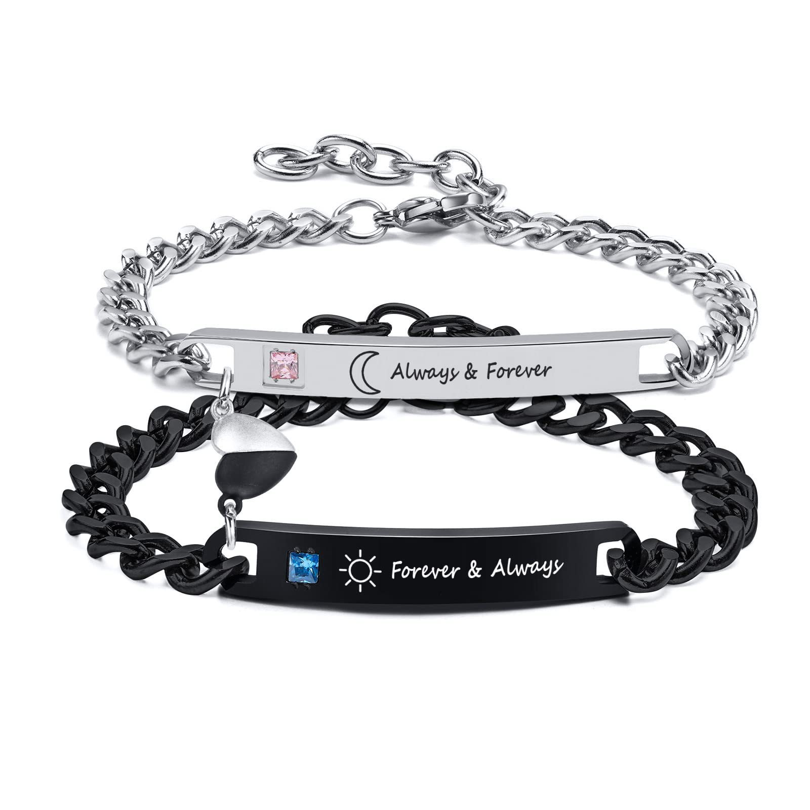 Couple Brs Adjustable Titanium Cuban Black And White Heart Magnetic Inlaid Diamond Stainless Steel Curved Chain