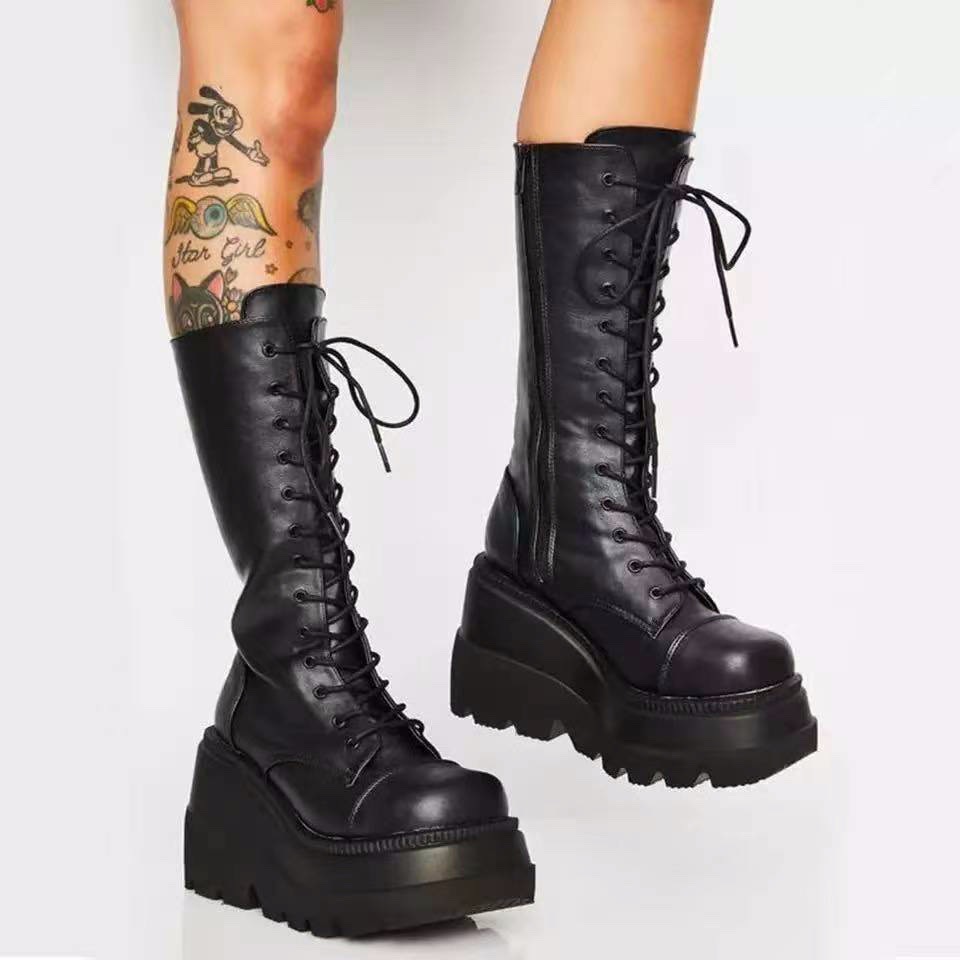 Winter buckle ankle boots Women's Punk women's platform Motorcycle Rider boots Wedge heels PU Women's boots Plus size women's boots