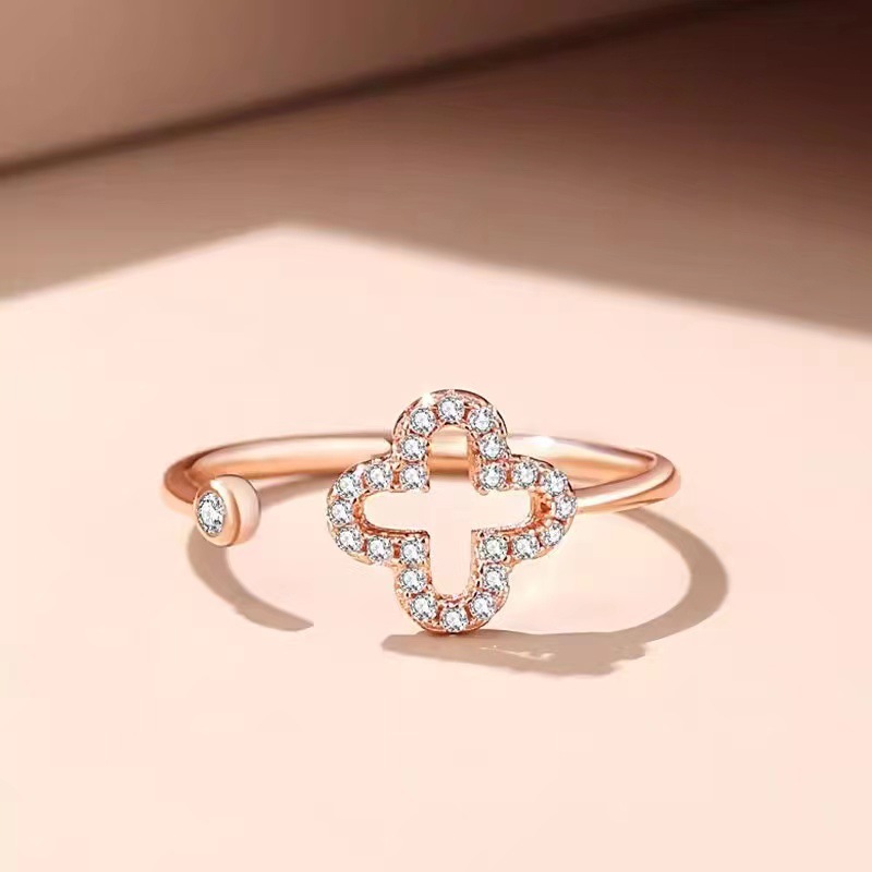 Four Leaf Clover Hollow Ring Female Niche Light Luxury Zircon Flower Index Finger Ring Fashionable Fresh Open Ring