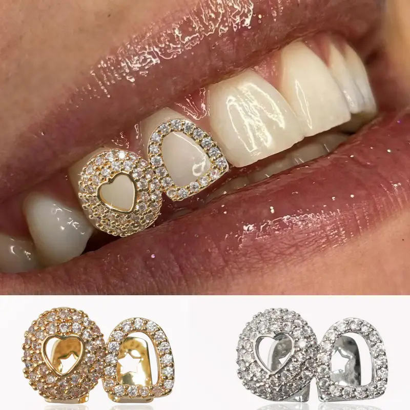 Dental Grill Braces Hip Hop Heart Oval Diamond Hollow Braces Fashion Personality Trend Grillz Tooth Decoration
