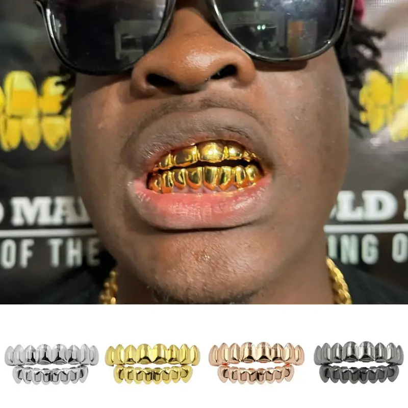 Hip Hop Gold Grillz Set - 8 Teeth Upper & Lower, 18K Electroplated Copper, Stylish Dental Jewelry (Gold, Silver, Gun Black, Rose Gold)