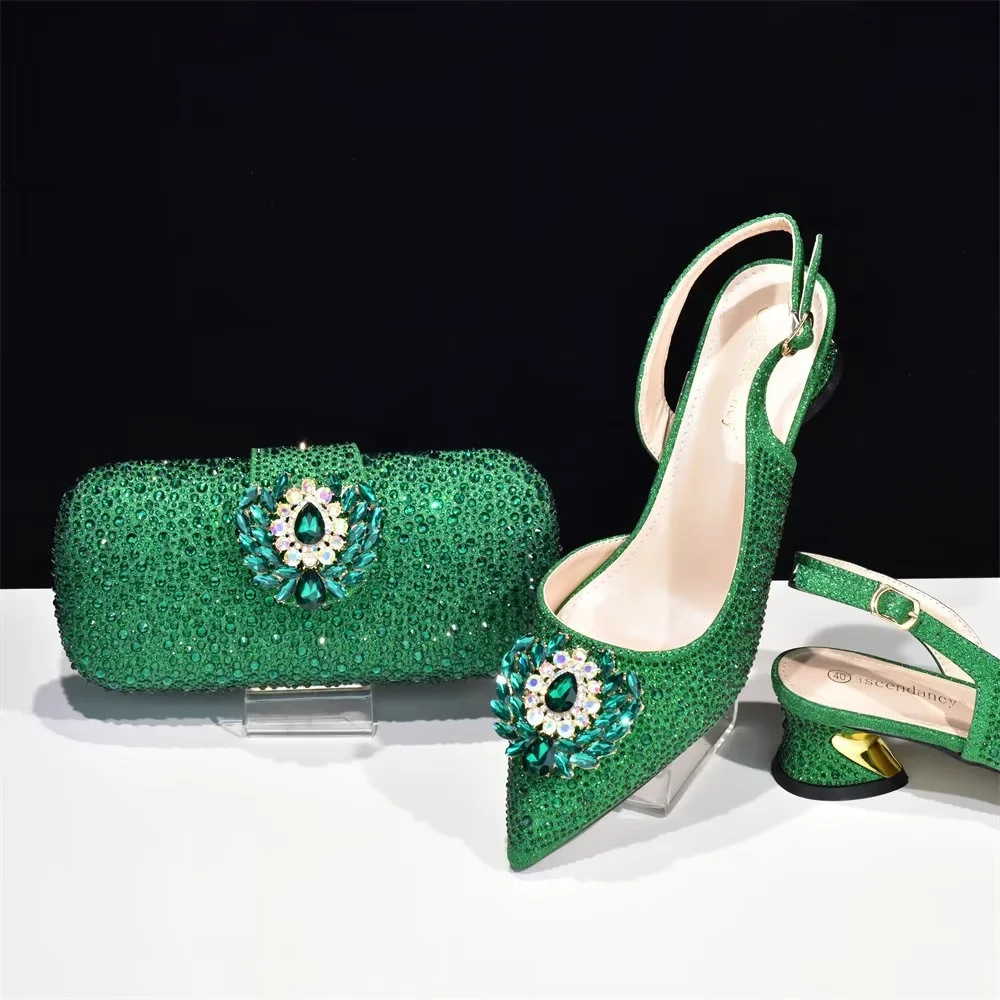 Pair the evening with high-heeled sandals with large flash diamonds and a hard-box jewel tote case filled with diamond high heels