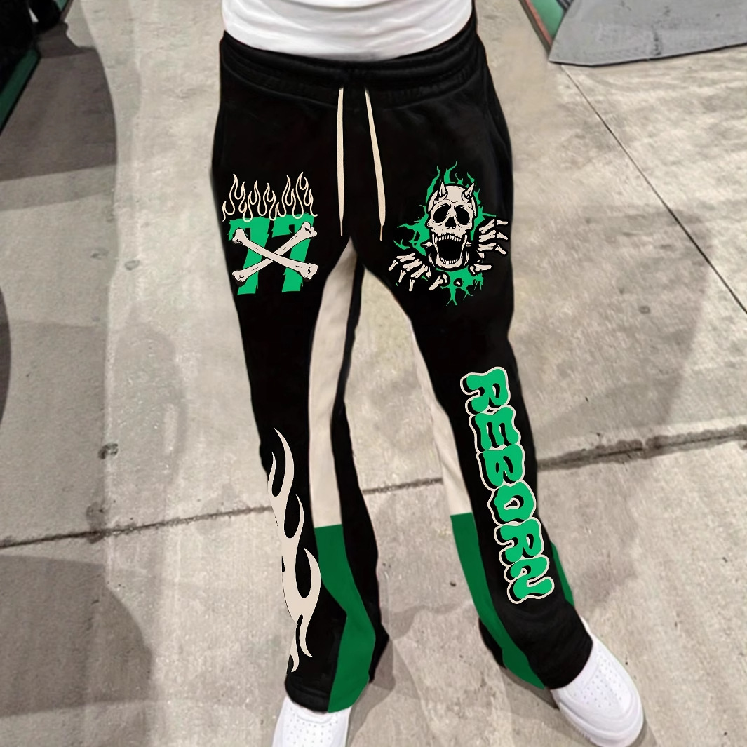 Men's Clothing New Fashion Brand Fashion Flame Skull Casual Fashion Slightly Elastic Fabric Flared Pants Fashionable And Versatile