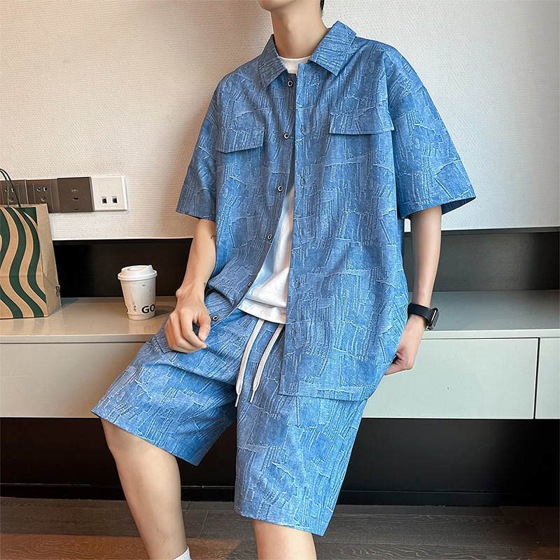 Men's Clothing Two Piece Summer Short Sleeved Shorts Two Piece Shirt New Loose Breathable Retro Suit