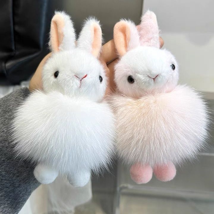 Real Fox Fur Cute Bunny Car Keychain Pendant Ins Plush Doll Bag Backpack Fur Ball Ornaments 1