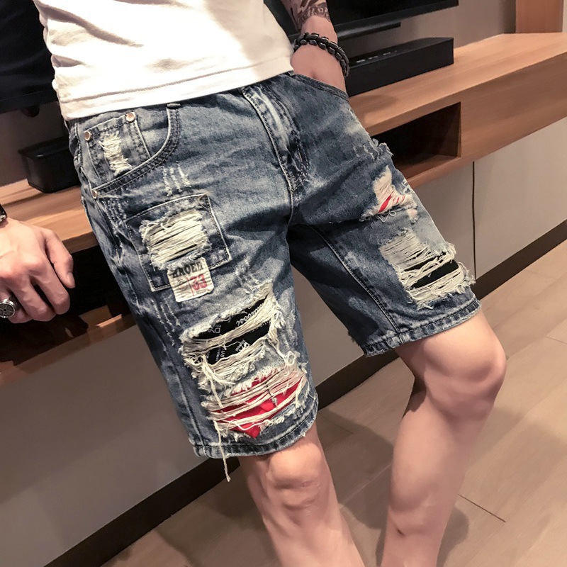 Teenage and guys young men fashion brand ripped denim shorts men's trendy mid-length pants social spirit guy slim beggar five-point mid-length pants