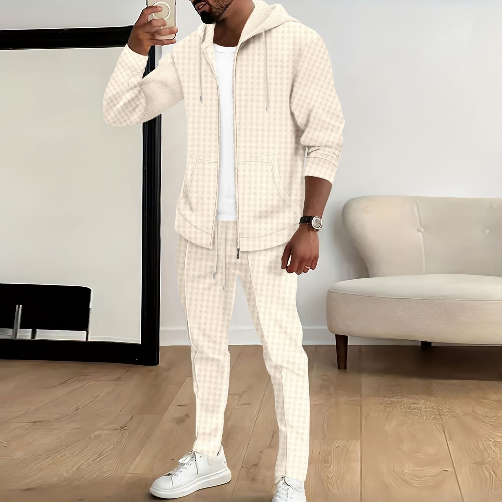 Herren Herbst Neue Waffel Kapuzentasche Strickjacke Reißverschluss Jacke Langarm Hosen Anzug