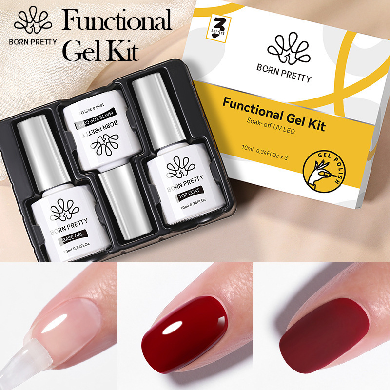 BORN PRETTY Nail Gel Polish Set - Base Coat + Top Coat + Strengthener | Boxed Functional Gel Kit For Professional Salon & DIY Manicure