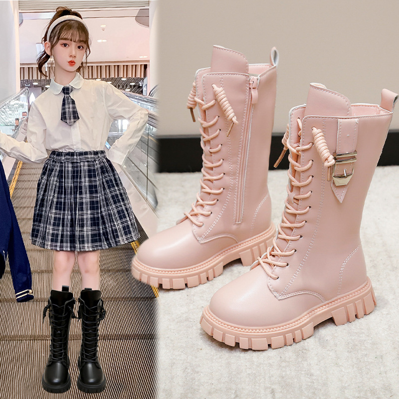 Kids Shoes Girls Boots Winter 2024 New High Boots Korean Version Plus Velvet Martin Boots Princess Leather Boots Little Girl Long Boots