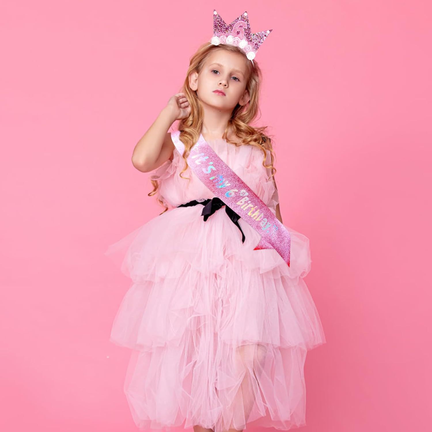 2 Years Old 3 Years Old 4 Years Old 5 Years Old 6 7 Years Old Little Girl Crown Pink Ribbon Children's Birthday Headband Etiquette Belt Set