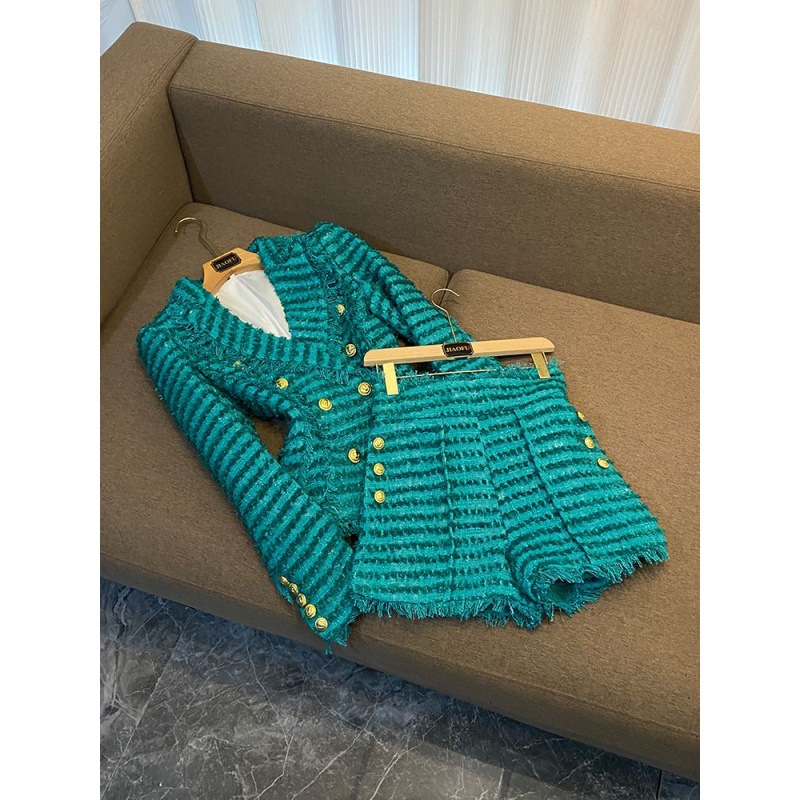 Damenmode Tweed Slim Anzug Temperament Anzug grün