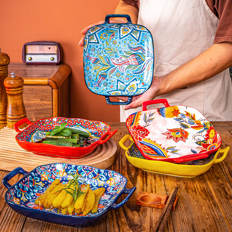 Bohemian Square Ceramic Serving Plate - Handled Oven & Microwave Safe Dish For Pasta Fruit & Appetizers​​