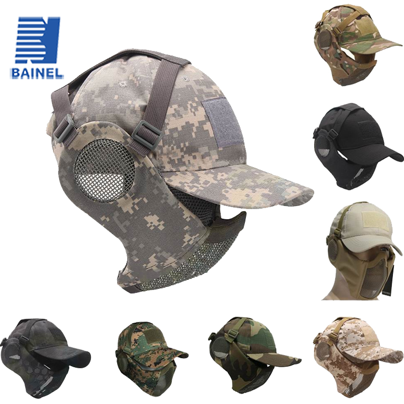 Tactical Airsoft Military Mask Half Face Strike Metal Mesh Protective Skull Mask & Cap Ear Protection Hunting Accessories