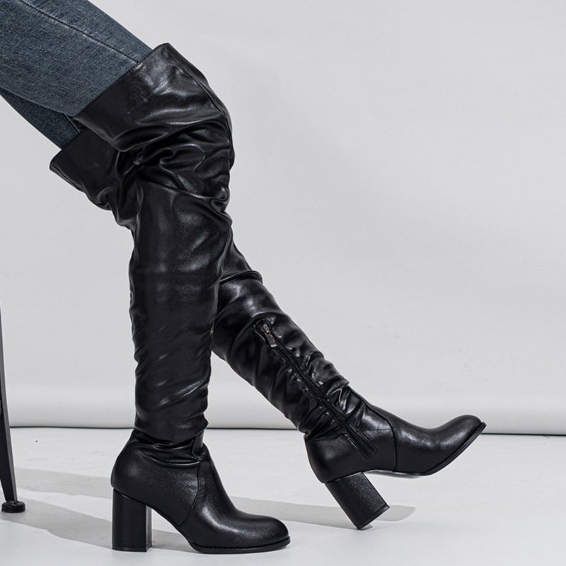 Stretch fashion boots Chunky heels Women's thigh-high boots Round toe over-the-knee boots