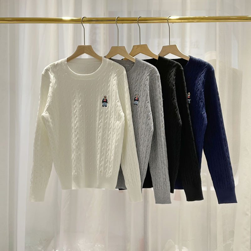 Women's Clothing New Autumn And Winter Twisted Pullover Sweater With Bear Embroidery, Retro Solid Color, Pullover Sweater Bottoming Shirt