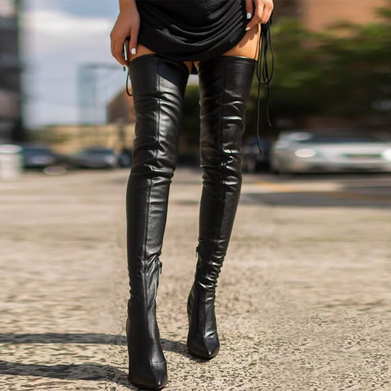 New sexy pu pointy side zipper high skinny heels plus size over knee boots for women