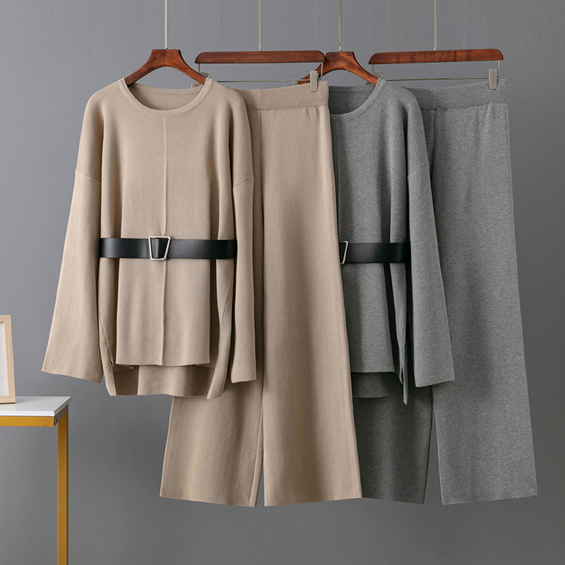 Damenbekleidung „Damen-Set aus Strickhosen mit weitem Bein und Pullover mit Gürtel – Locker sitzendes Freizeitoutfit für Frühling und Herbst (Schwarz, Orange, Khaki, Grau, Einheitsgröße)“