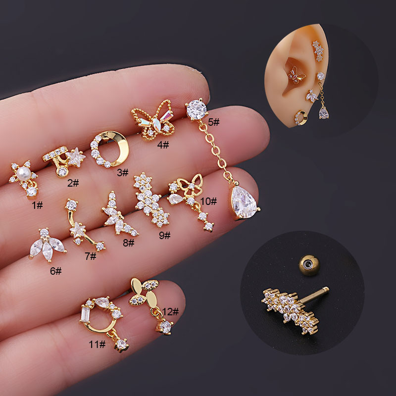 16G thick stainless steel screw twisted ball earrings, zircon flower butterfly ear bone nail piercing earrings
