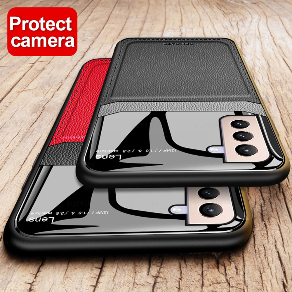 Leather Mirror Glass Phone Cover For Samsung S21 FE 5G 6.4inch PU Shockproof Phone Back Case For