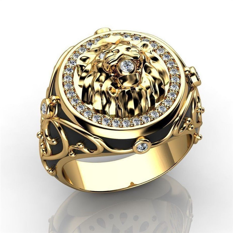 Popular Full Diamond Zircon Lion Ring Alloy Ring Punk Style Gold Plated Engagement Ring For Men And Women
