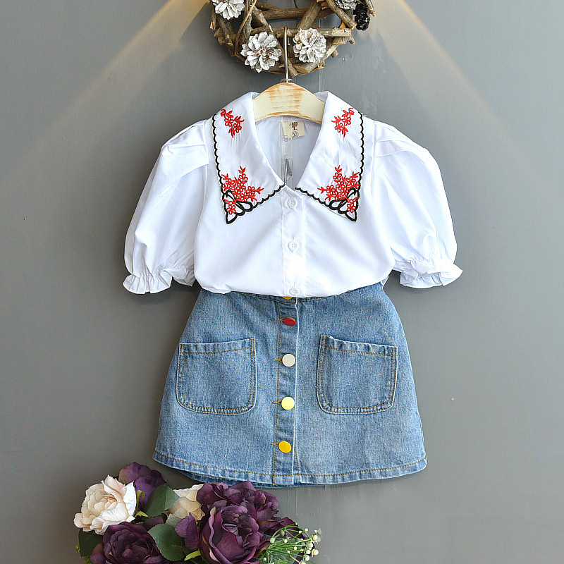 Mutter & Kinder kinder kleidung der mädchen Koreanische version außenhandel mode bestickt kurzarm-shirt plus jeansrock zwei-stück anzug