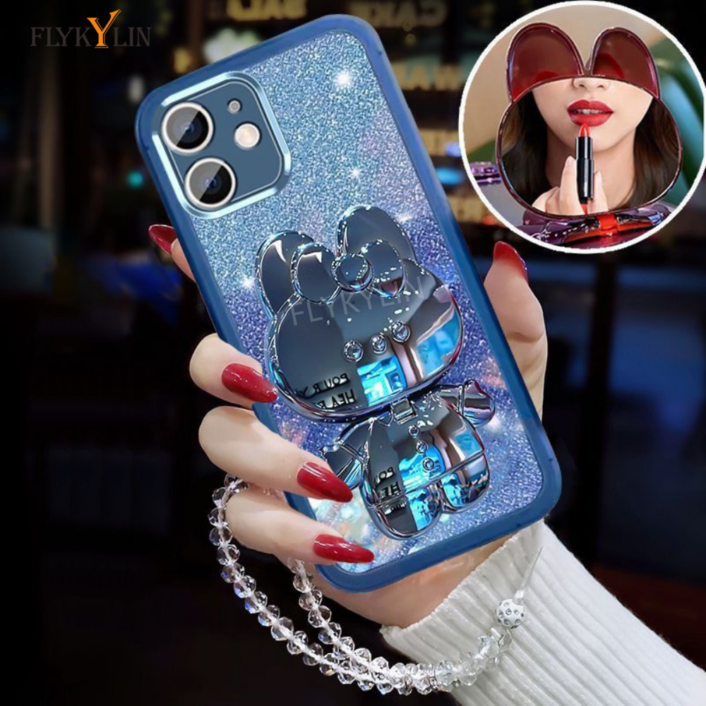 Glitter Rabbit Mirror Bracket Phone Case For Samsung A56 A36 A26 A16 A06 A15 A25 A35 A55 A14 A24 A34 A54 Pearl Chain Phone Case