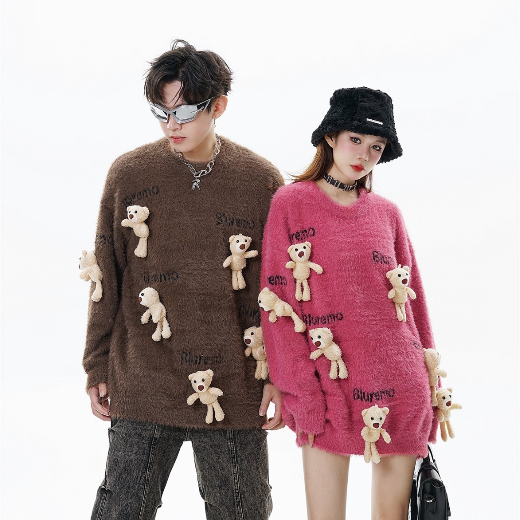 Men's Clothing Society Men's and Women's Fashion Brand Bear Doll Sweater 2023 New Autumn and Winter Lazy Style Soft Waxy Knitted Sweater Couple