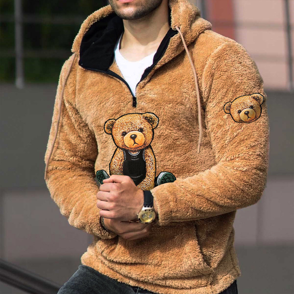 Couple personalized teddy bear warm men's lamb wool hoodie pullover zipper half-cardigan sweatshirt winter style