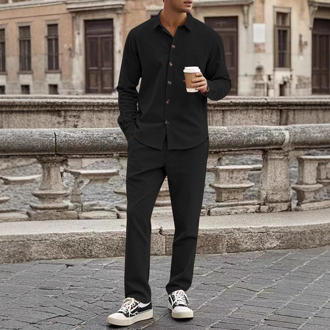 Herren Herbst Casual Button Down Hemd Strickjacke Langarm Hosen Anzug